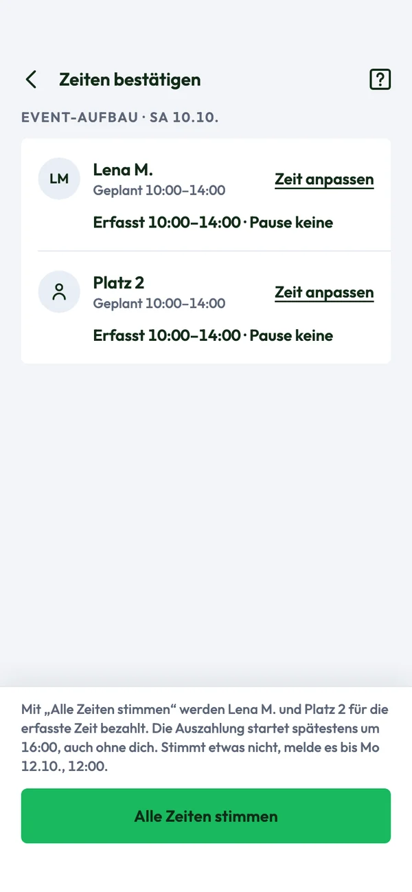 cashgrab Betriebs-App: Zeiten bestätigen
