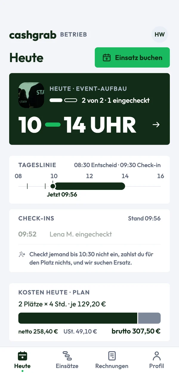 cashgrab Betriebs-App: Heute